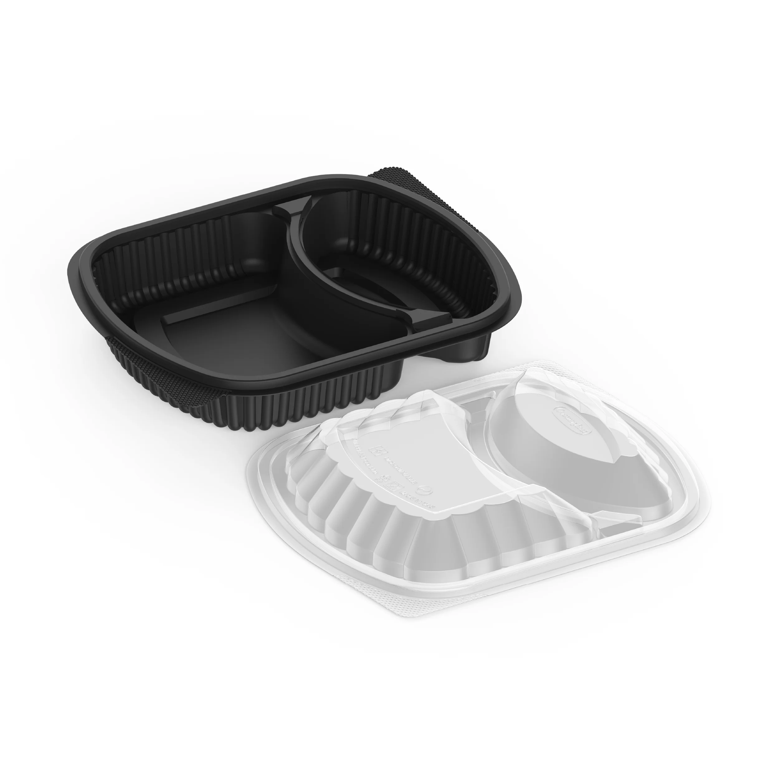 2x Compartment Black Meal Trays & Lids 34oz - 50x Per Pack