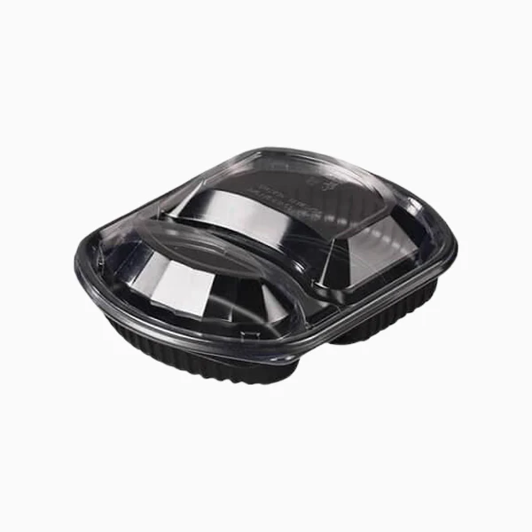 2x Compartment Black Meal Trays & Lids 34oz - 50x Per Pack