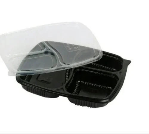 3x Compartment Black Meal Trays & Lids 34oz - 50x Per Pack