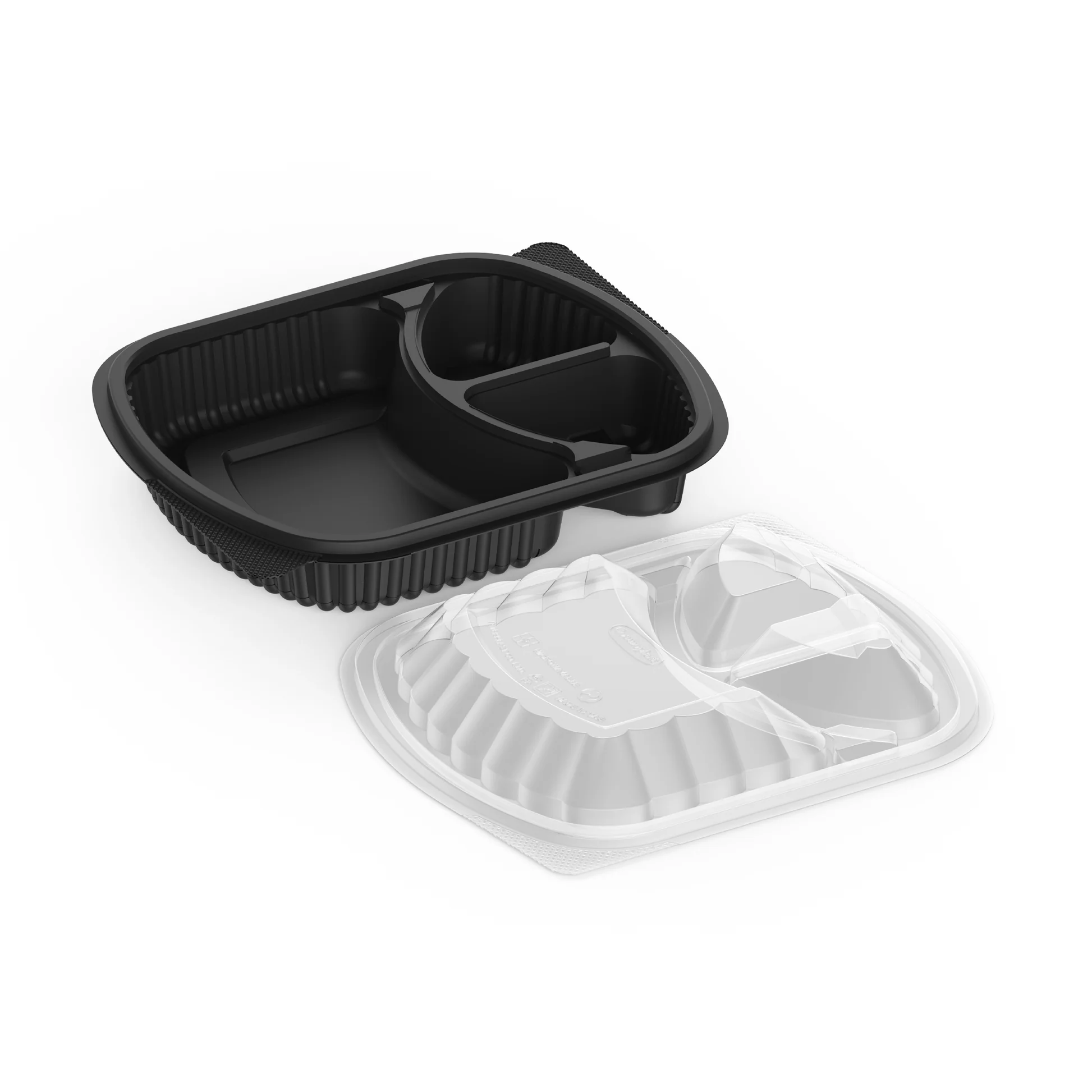 3x Compartment Black Meal Trays & Lids 34oz - 50x Per Pack