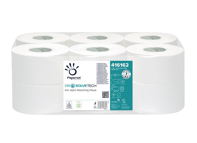 Dissolve-Tech Mini Jumbo Toilet Rolls 89mm x 300Metres - 12x Rolls Per Pack