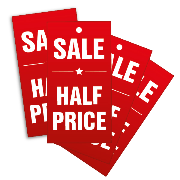 Strung Pricing Tags - Sale Half Price 45mm x 85mm - 100 Per Pack